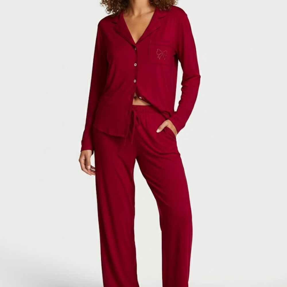 Victoria's Secret SoSoft™ Modal Bow Sz. Med. Long Pajama Set in Red NWT